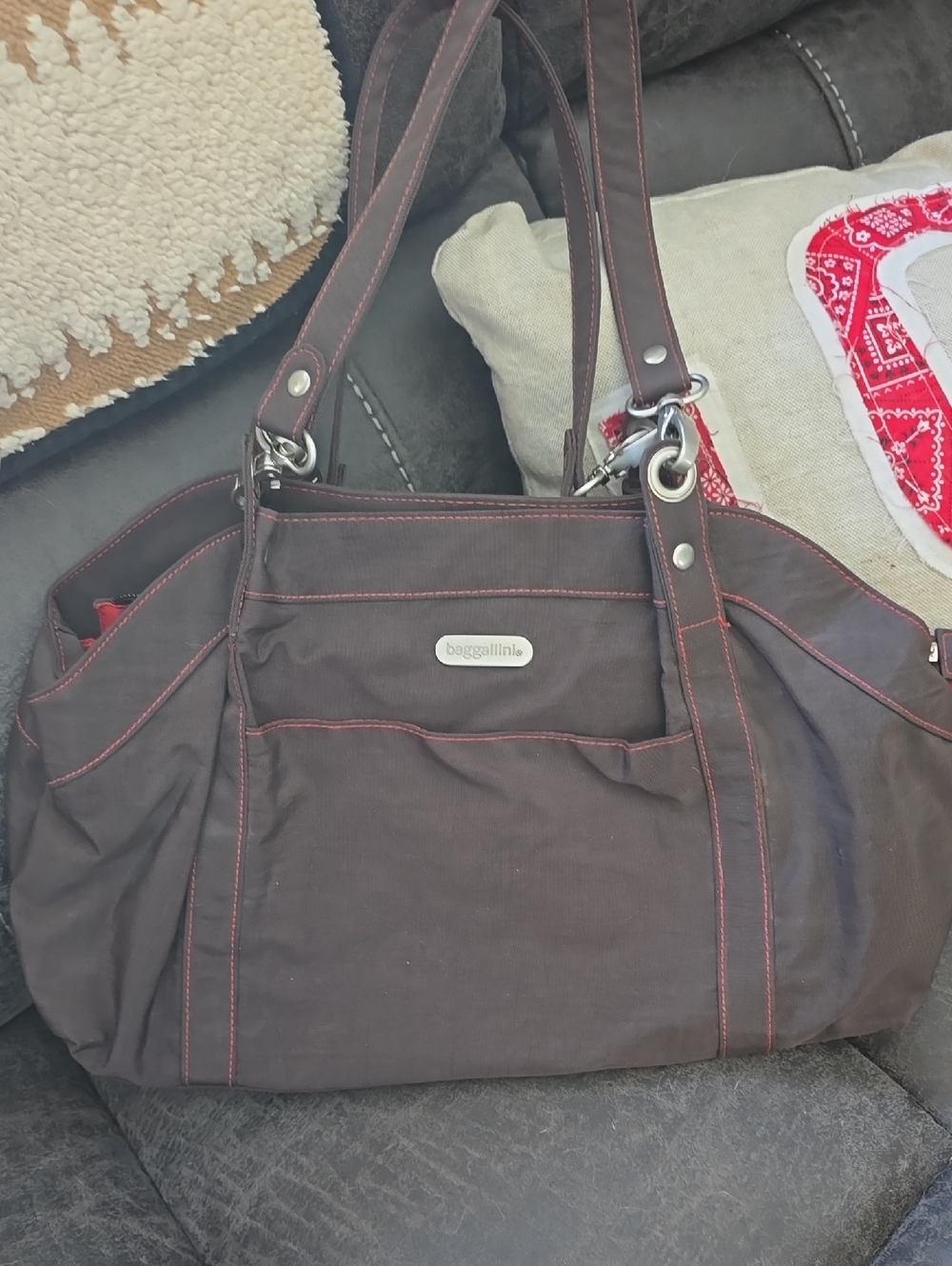 Baggallini brown tote with red contrast stitching